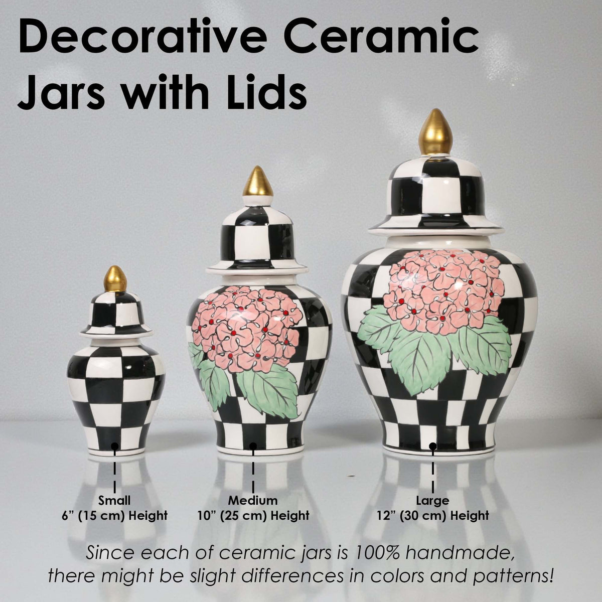 Decorative ceramic jars with lids of different sizes on a gray background