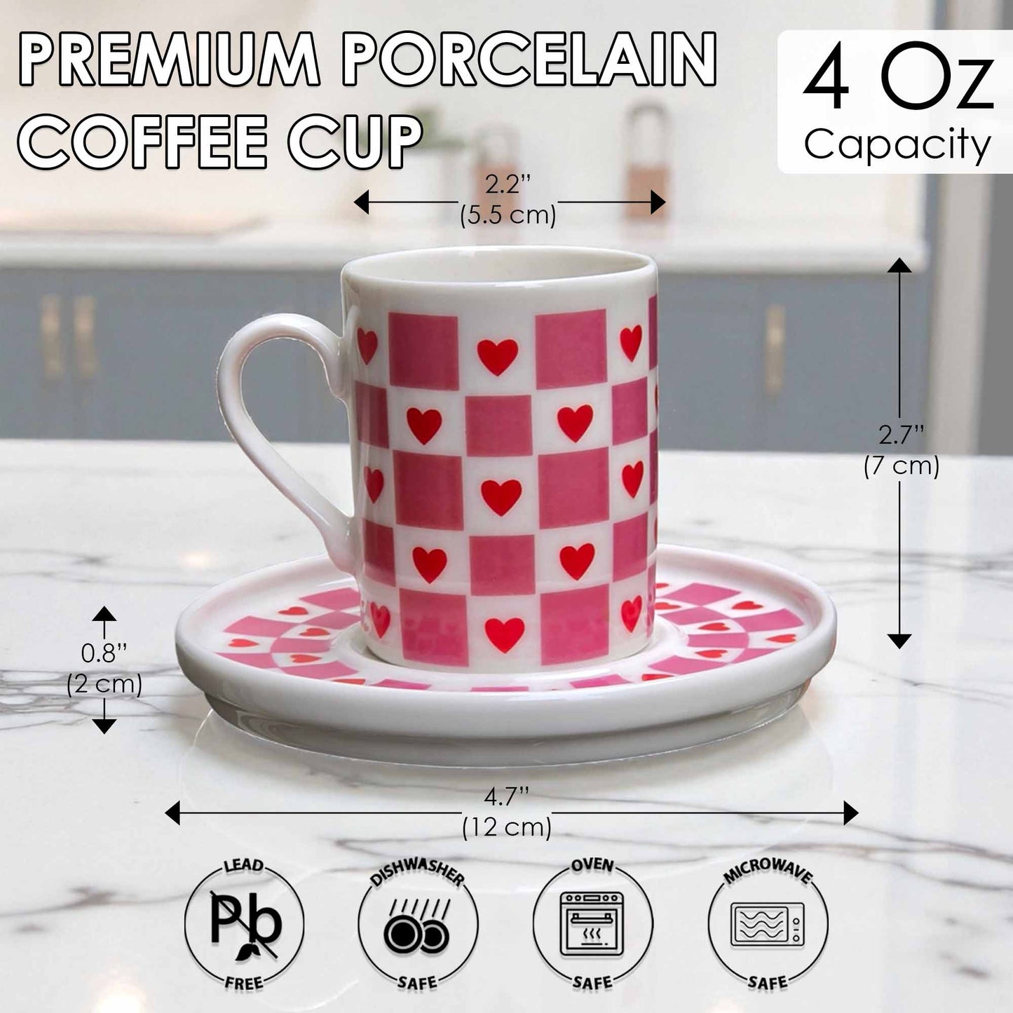 White coffee cup with red heart pattern on a matching saucer, with measurements and safety icons displayed.