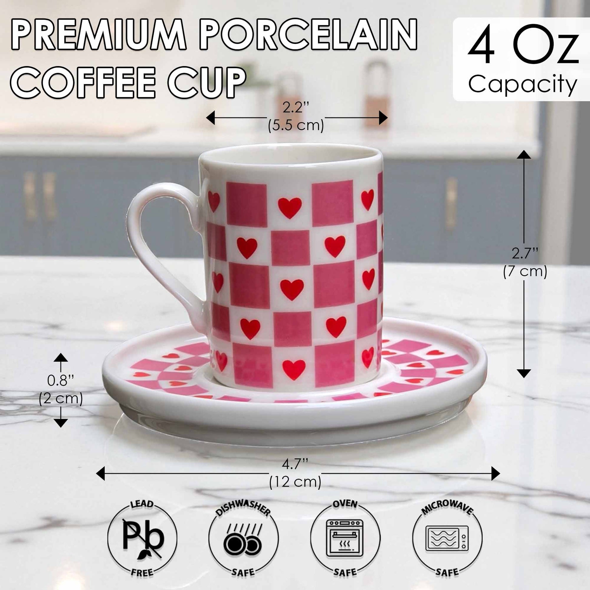 White coffee cup with red heart pattern on a matching saucer, with measurements and safety icons displayed.