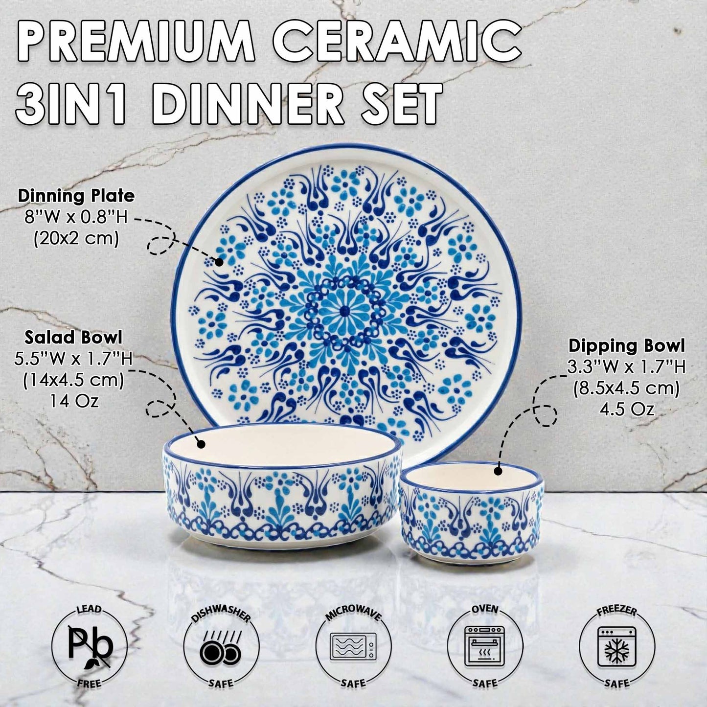 Premium ceramic 3-in-1 dinner set with blue floral patterns on a marble background