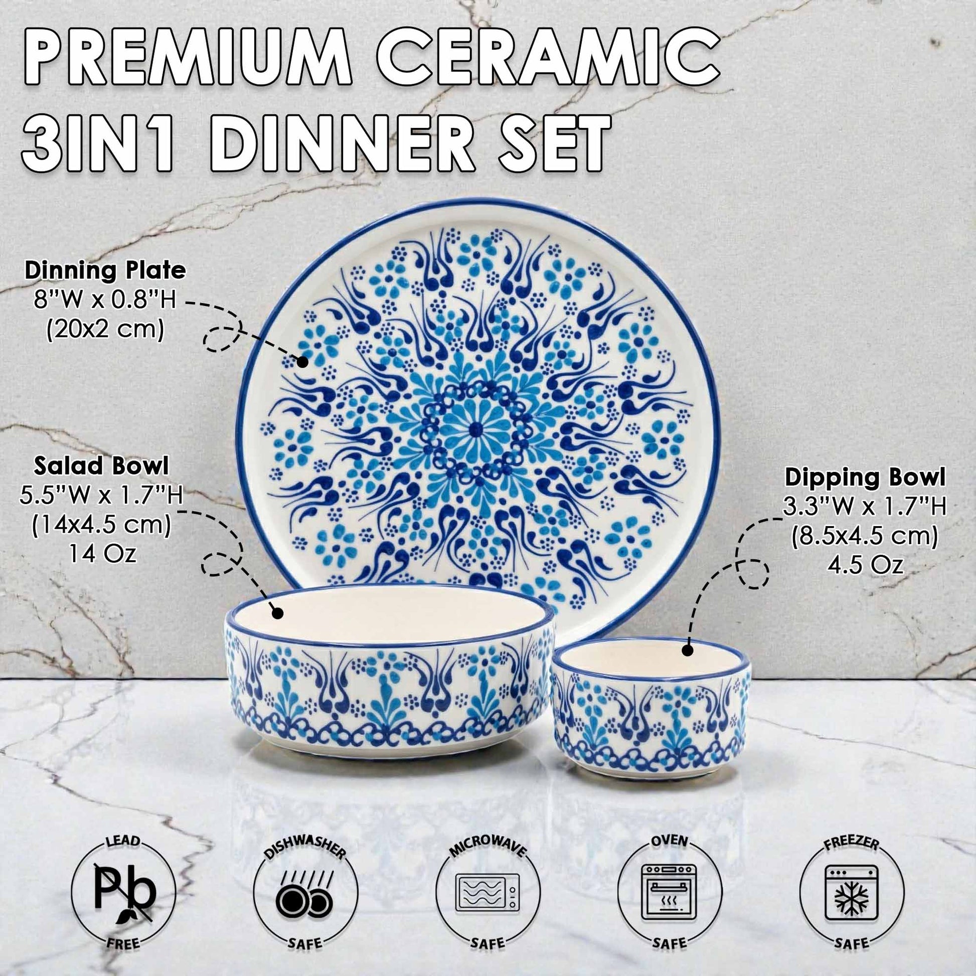 Premium ceramic 3-in-1 dinner set with blue floral patterns on a marble background