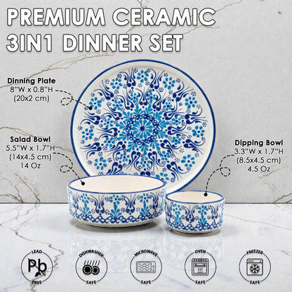 Premium ceramic 3-in-1 dinner set with blue floral patterns on a marble background