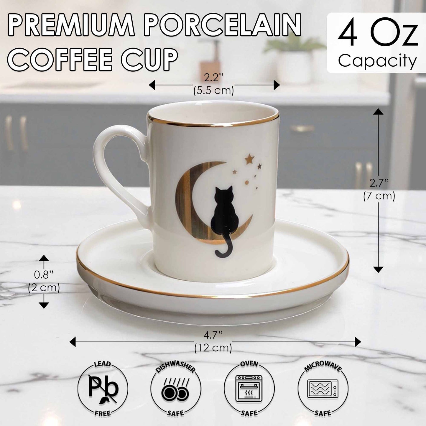 White coffee cup with black cat design on a saucer, with measurements and safety icons displayed.