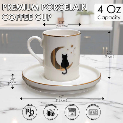 White coffee cup with black cat design on a saucer, with measurements and safety icons displayed.