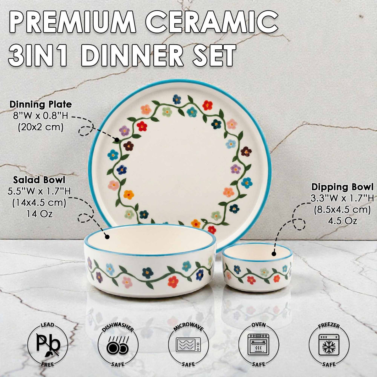 Premium ceramic 3-in-1 dinner set with floral design on a marble background