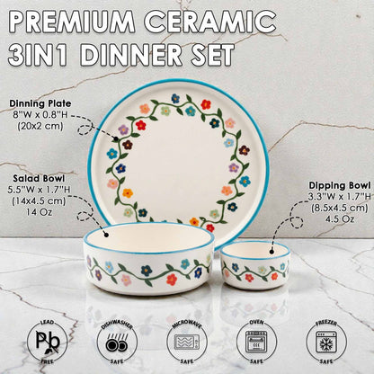 Premium ceramic 3-in-1 dinner set with floral design on a marble background