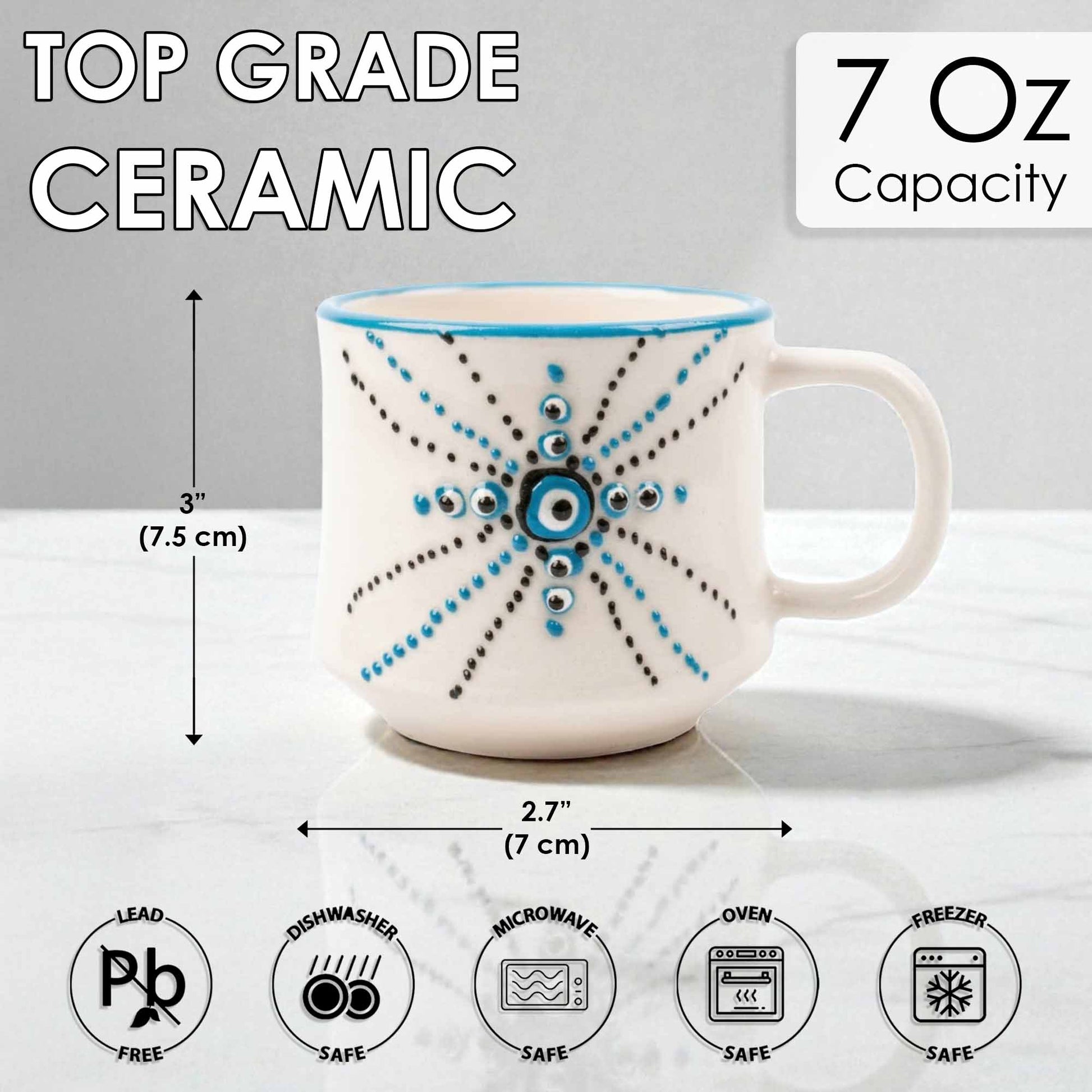 Ceramic mug with decorative patterns and measurements on a gray background