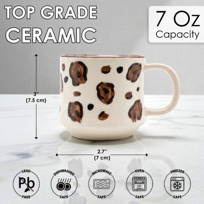 Ceramic mug with coffee seeds print design and measurements on a light background