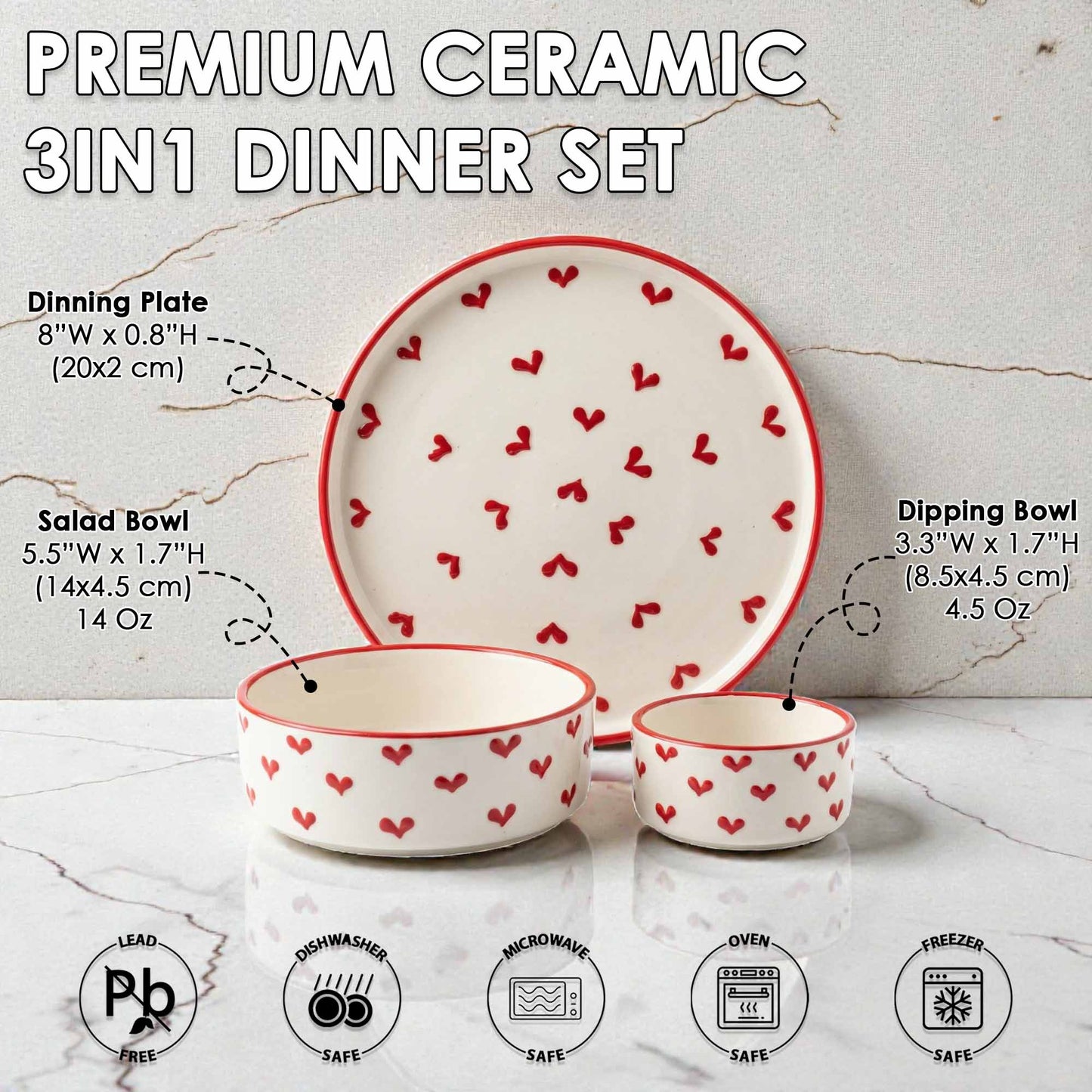 Premium ceramic 3-in-1 dinner set with heart patterns on a marble background