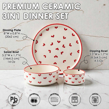 Premium ceramic 3-in-1 dinner set with heart patterns on a marble background