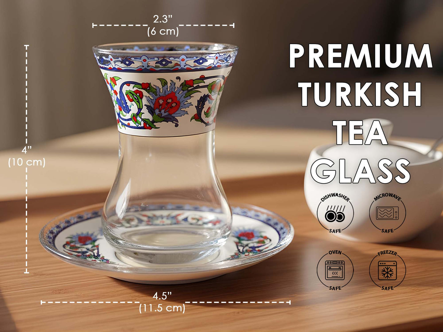 Turkish tea glass with floral design and measurements on a wooden surface
