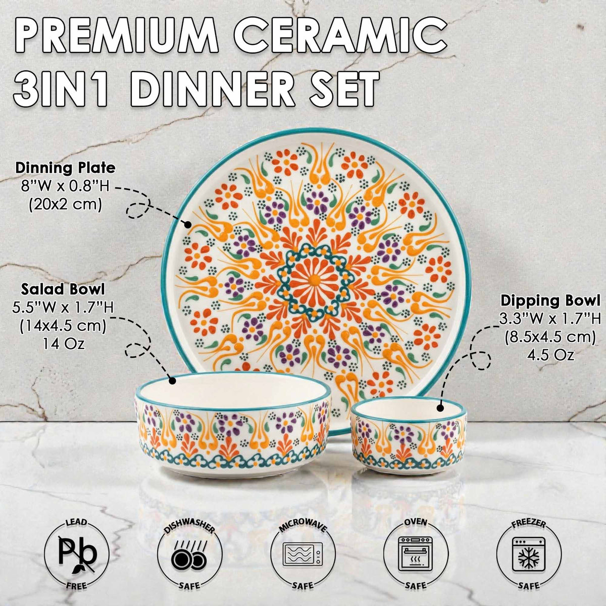 Premium ceramic 3-in-1 dinner set with floral patterns on a marble surface.