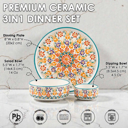 Premium ceramic 3-in-1 dinner set with floral patterns on a marble surface.