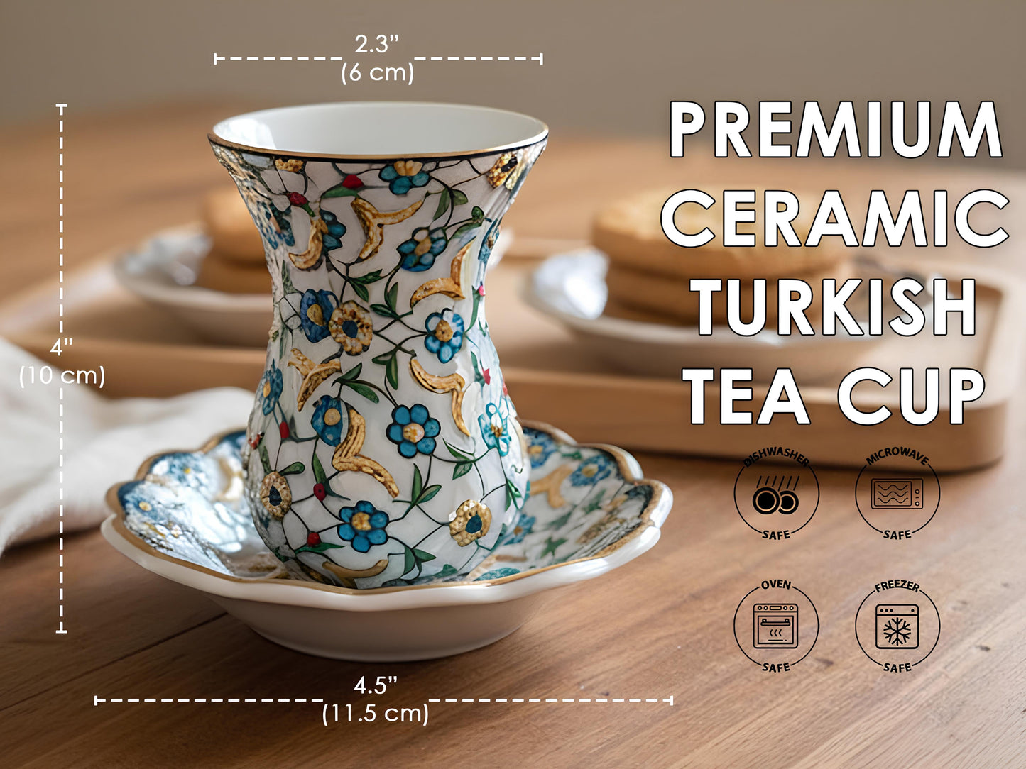 Turkish tea cup with floral design on a wooden table, showing measurements and safety icons.