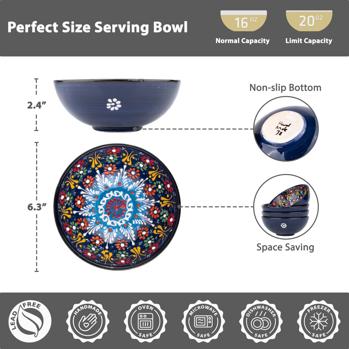 Ceramic Serving Bowls, Navy Color Ceramic Bowl, 20 oz Cereal Bowl, Colorful Ceramic Cereal Bowl Set of 2