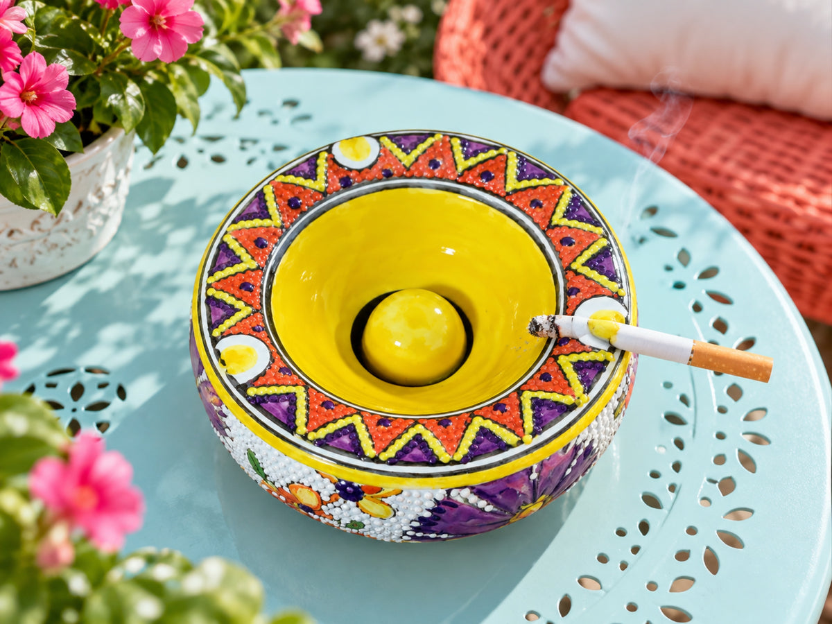 Handmade Ceramic Ashtray with Lid, 5 Inch Hand Painted Floral Outdoor Ashtray