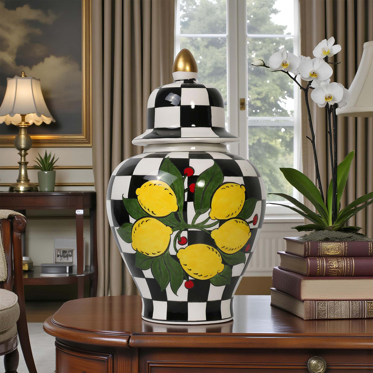 Decorative jar with lemon design on a wooden table in a room with books and plants.