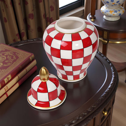 Handmade Ceramic Jar, Crimson Check Ceramic Jar with Lid