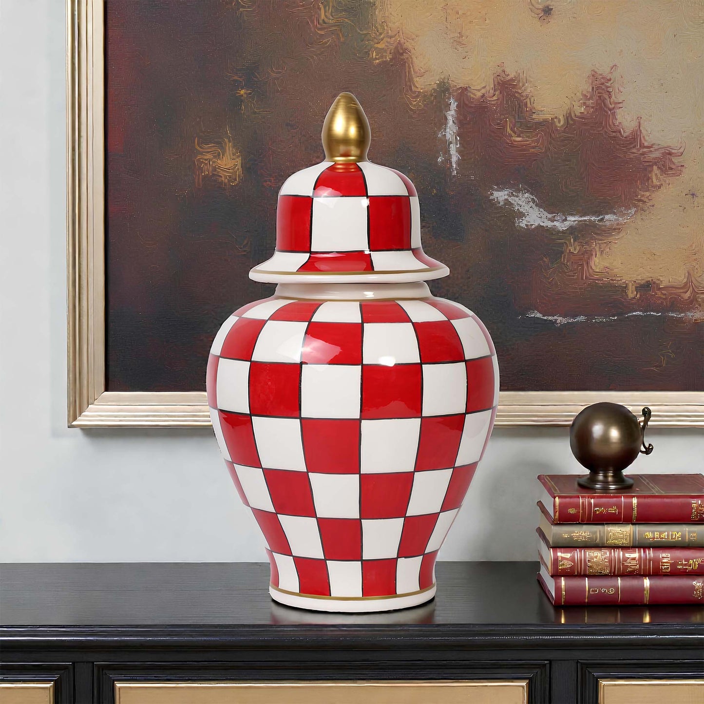 Handmade Ceramic Jar, Crimson Check Ceramic Jar with Lid