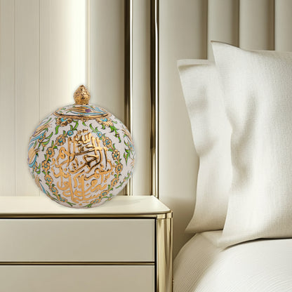 Handmade Ceramic Jar, Floral Script Decorative Jar with Lid, Ceramic Golden Globe Jar