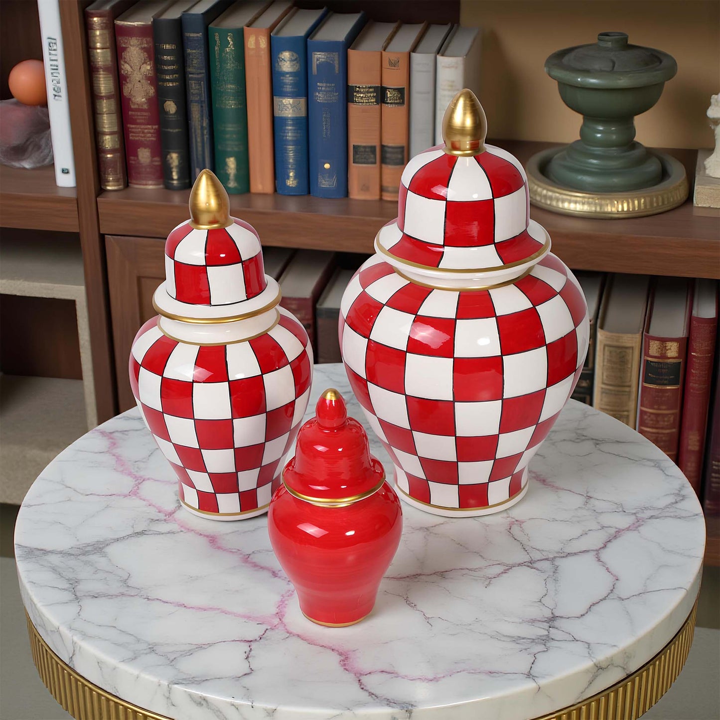 Handmade Ceramic Jar, Crimson Check Ceramic Jar with Lid