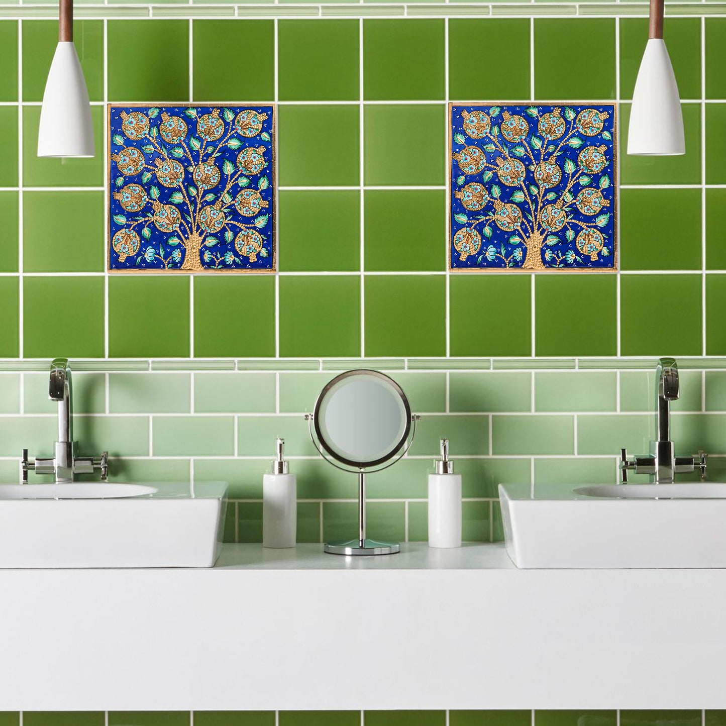 Handmade Ceramic Tile, Blue Pomegranate Tree Tile
