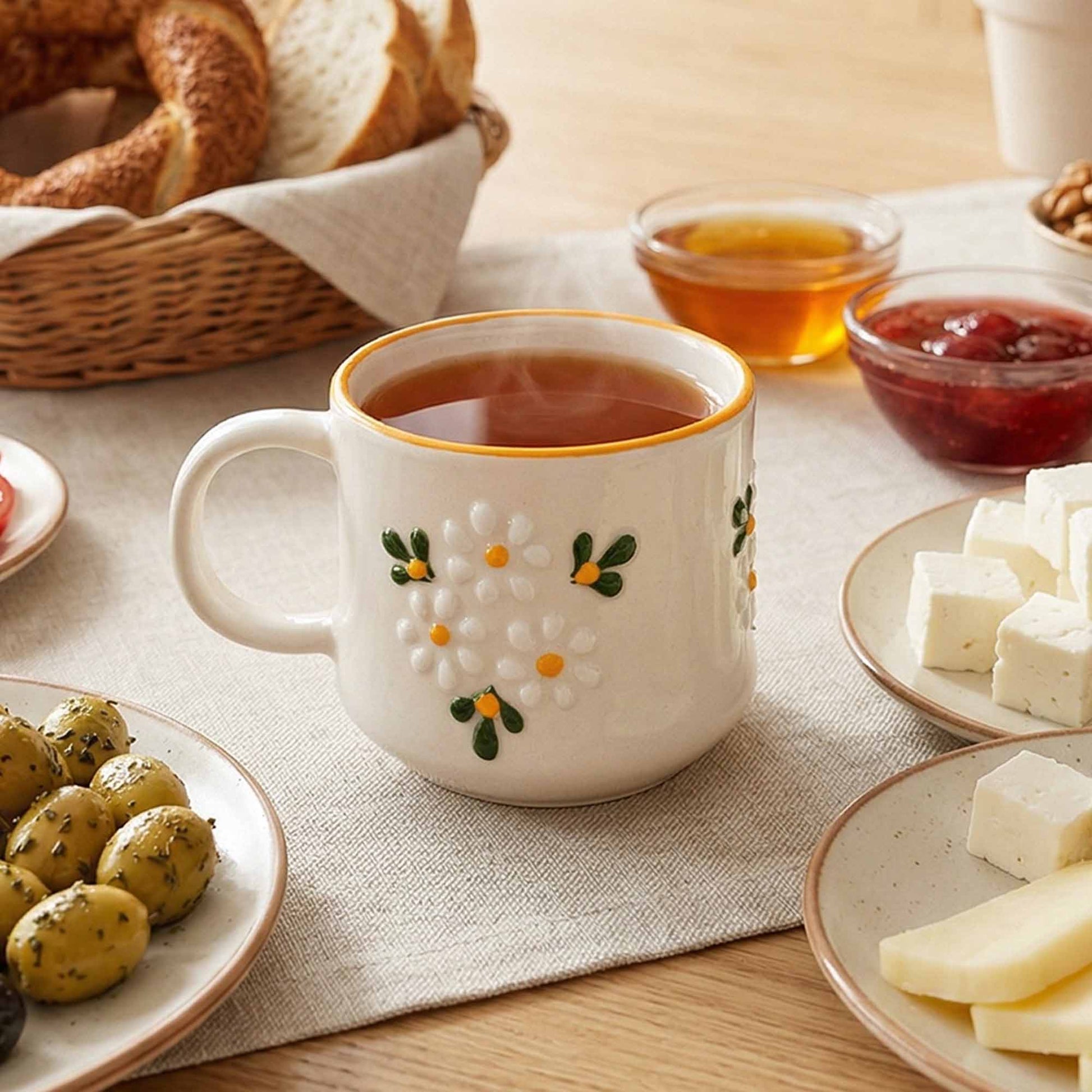 Cup of tea with decorative design on a table with bread, honey, jam, and cheese.
