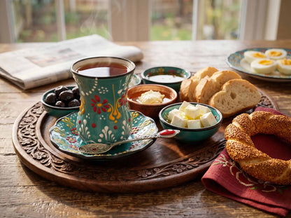 Tea set with a decorative teacup on a wooden tray, accompanied by bread and butter.