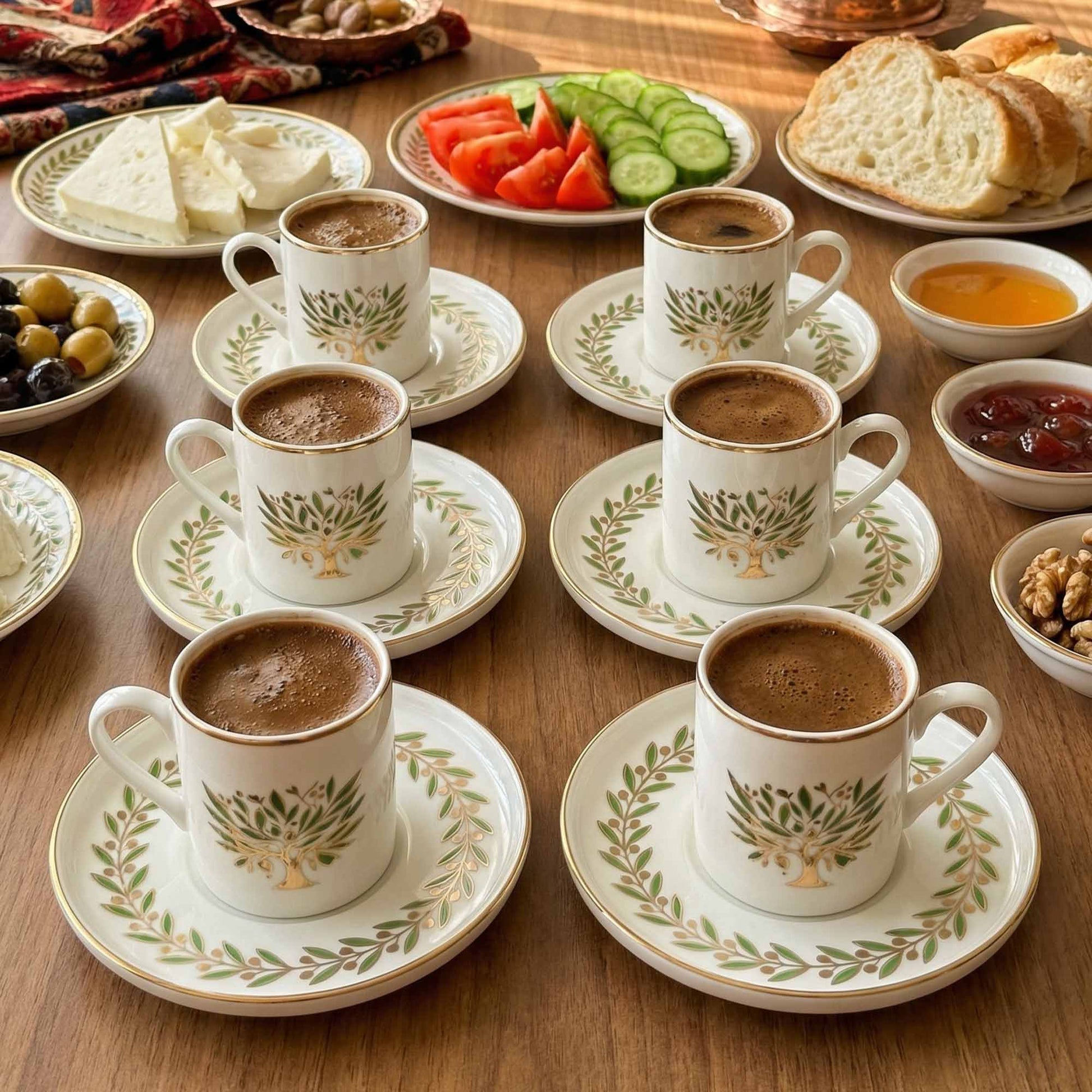 Café au lait cups with saucers on a wooden table with snacks.