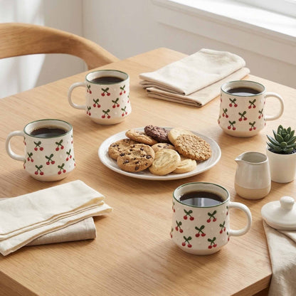 Four mugs with cherry design on a wooden table with cookies and a small plant.