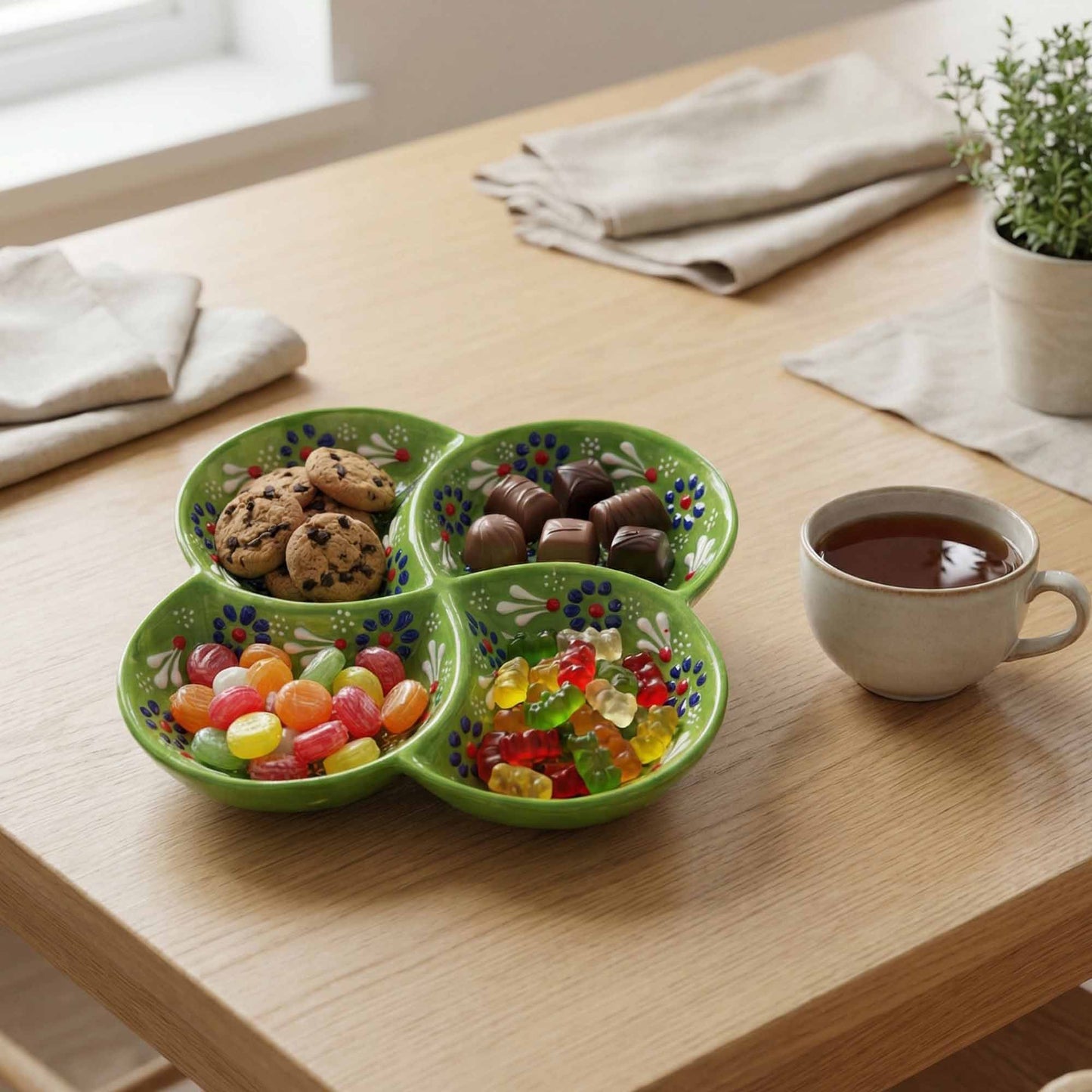 Green ceramic tray with compartments filled with cookies, chocolates, and gummy bears on a wooden table with a cup of tea.
