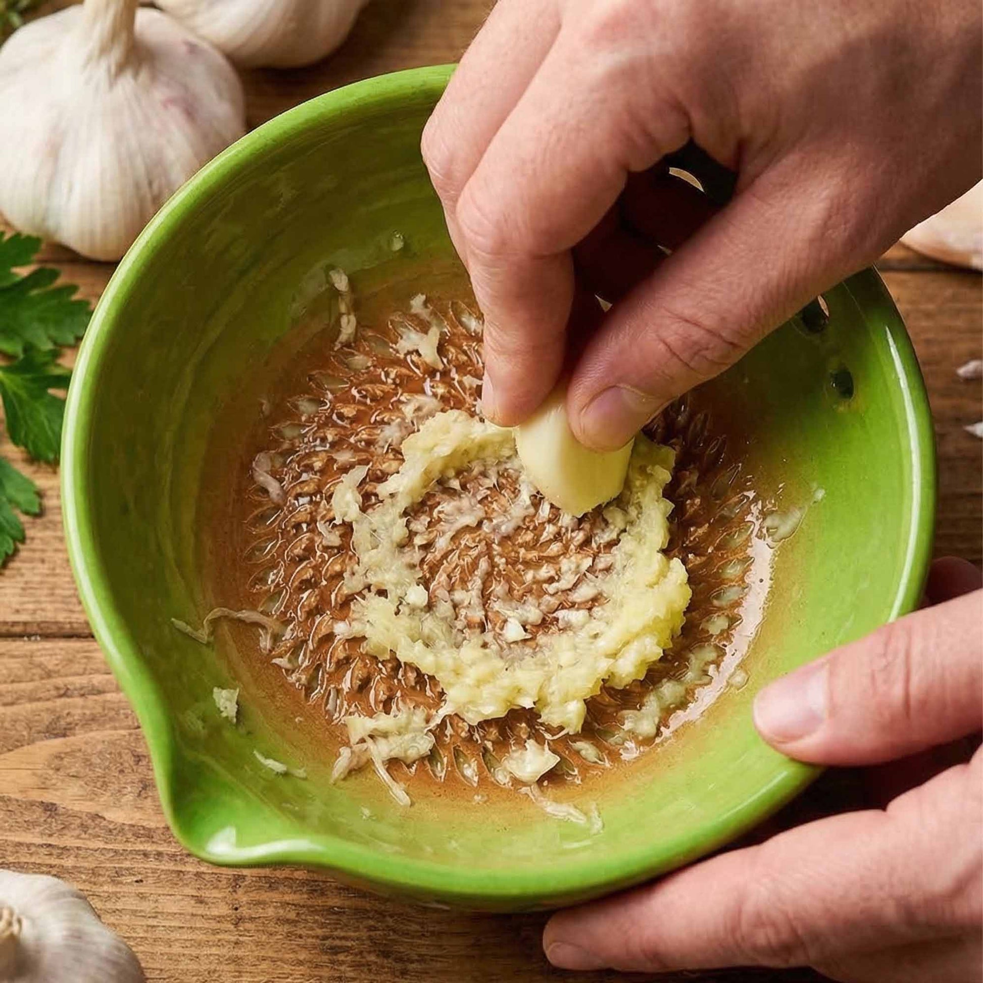 Person adding garlic to a green herb stripping bowl with minced ingredients on a wooden surface