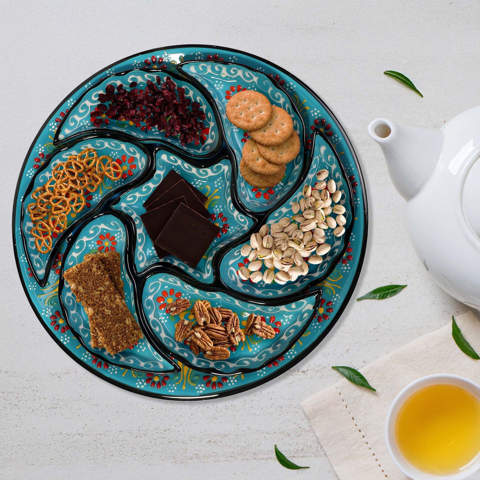 Turquoise Turkish floral ceramic snack serving tray set, 8-piece handmade platter with red and yellow floral motifs, artisan appetizer dish set