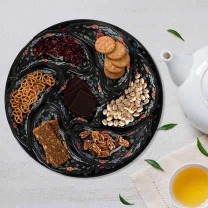 Black Turkish floral ceramic snack serving tray set, 8-piece handmade platter with red flower motifs, artisan appetizer and nut dishes
