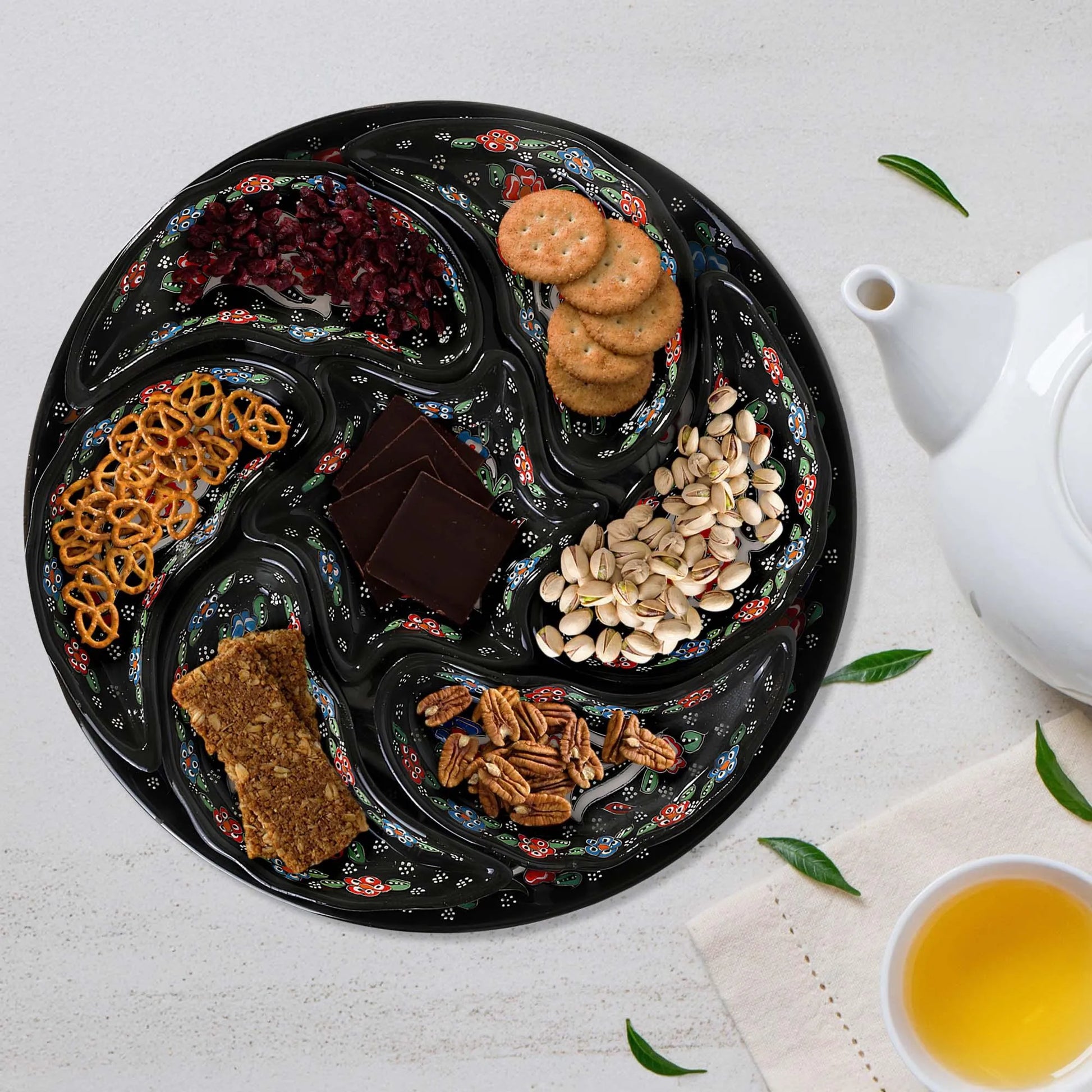 Black Turkish Floral – 8 Piece Ceramic Snack Serving Tray Set, Handmade Appetizer Platters - EVANILIFE