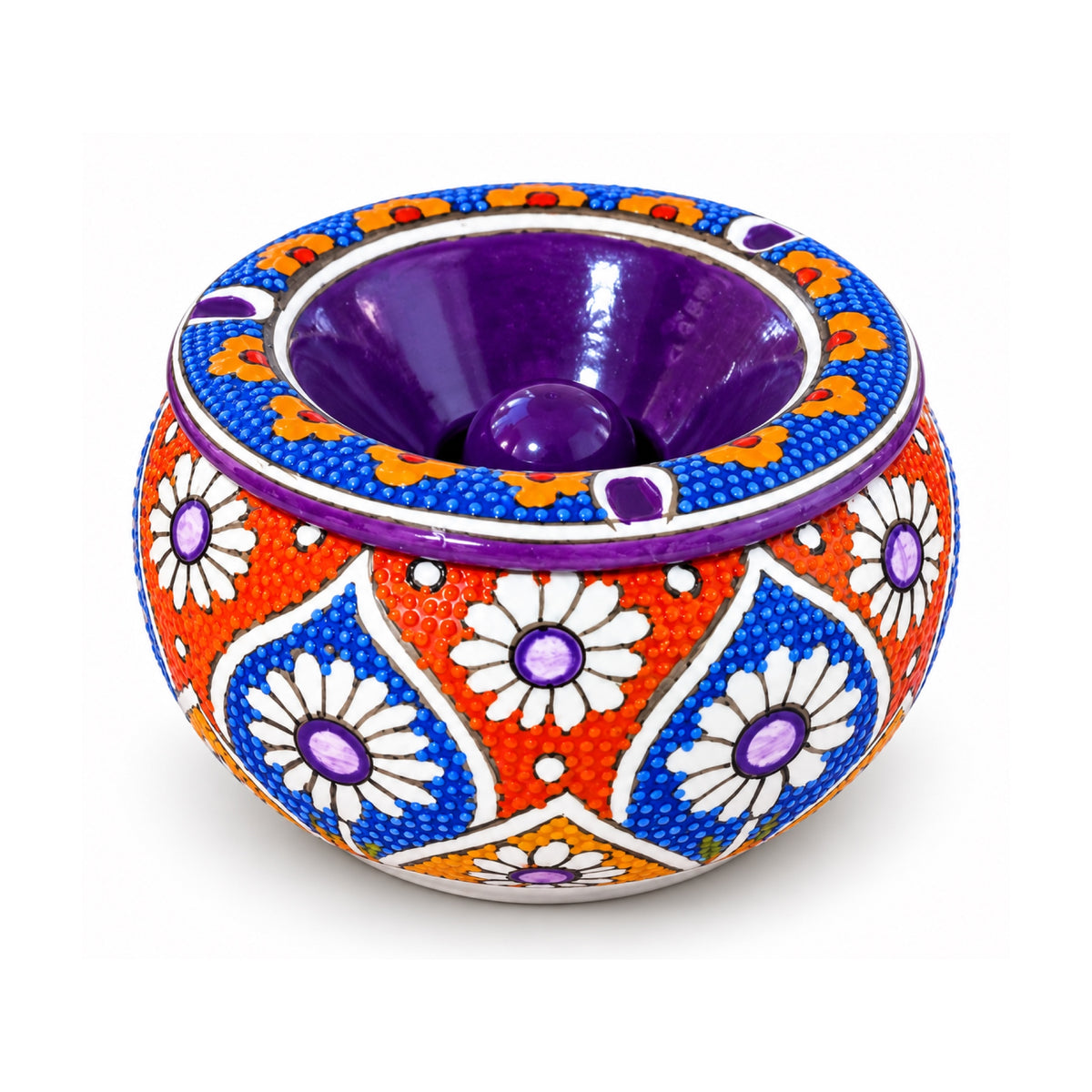 Orange Blue Daisy hand painted ceramic ashtray with lid