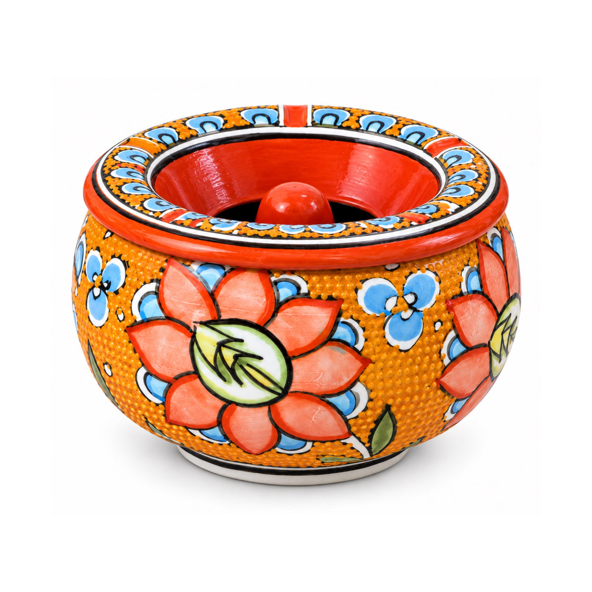 Handmade Ceramic Ashtray with Lid, 5 Inch Hand Painted Floral Outdoor Ashtray