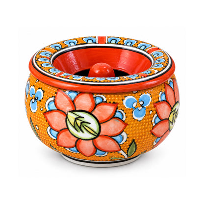 Handmade Ceramic Ashtray with Lid, 5 Inch Hand Painted Floral Outdoor Ashtray