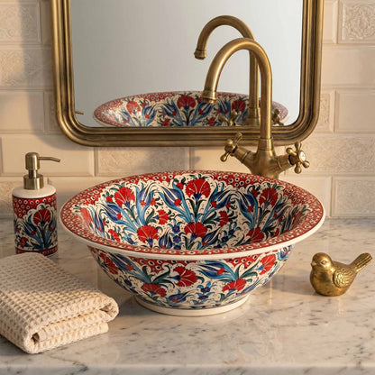 Anatolian Bloom Ceramic Vessel Sink, Handpainted Turkish Bathroom Basin