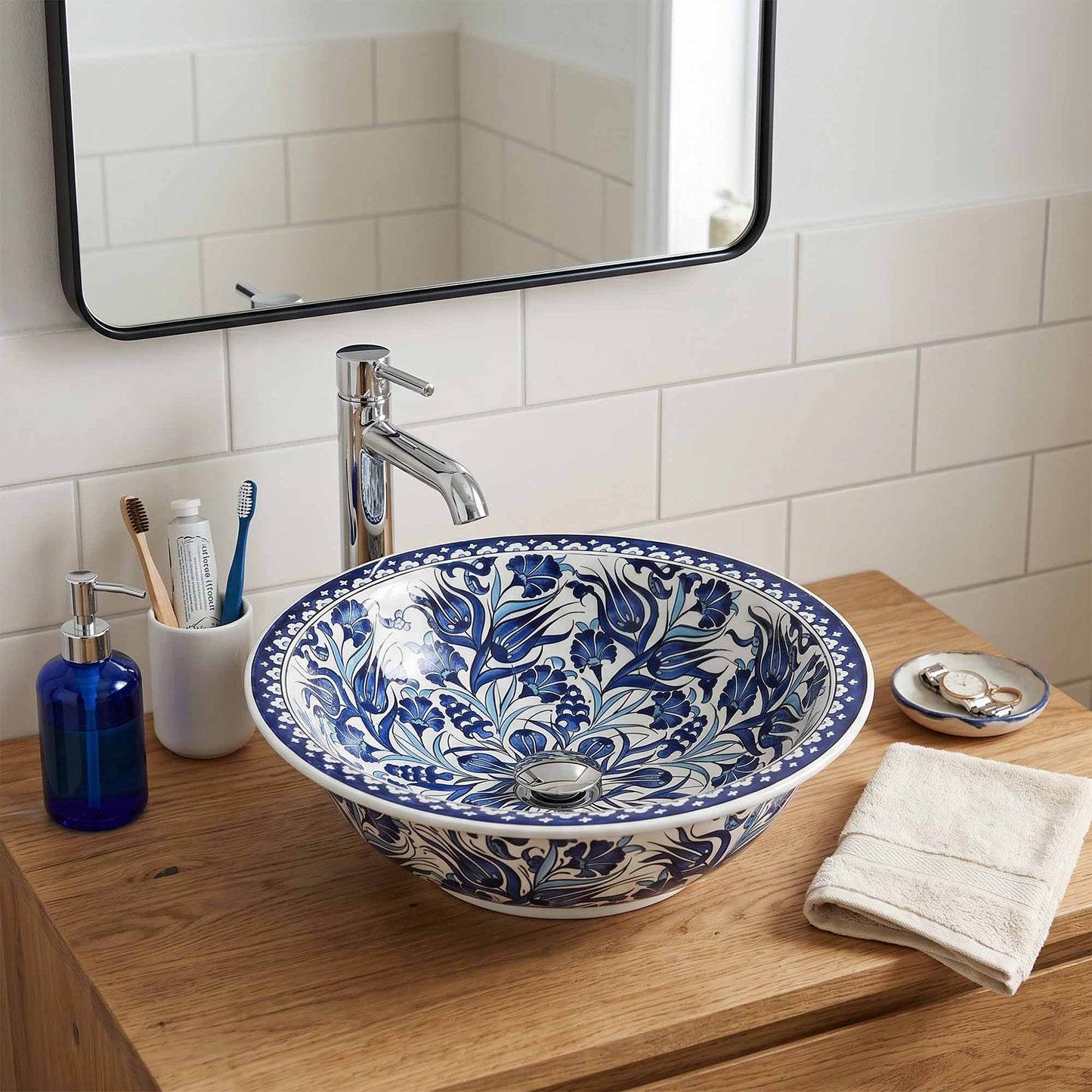 Midnight Tulip Symphony Ceramic Vessel Sink, Handpainted Bathroom Basin