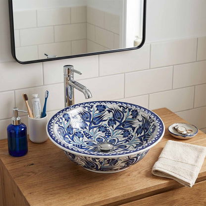 Midnight Tulip Symphony Ceramic Vessel Sink, Handpainted Bathroom Basin