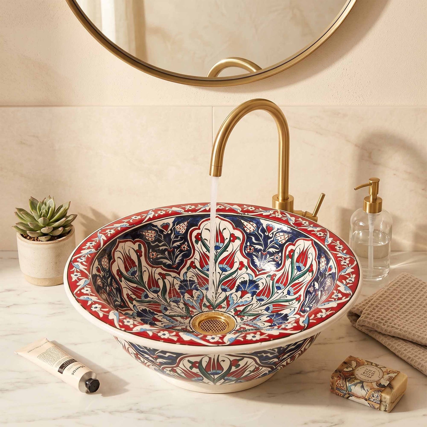 Crimson Tulip Heritage Ceramic Vessel Sink, Handpainted Bathroom Basin