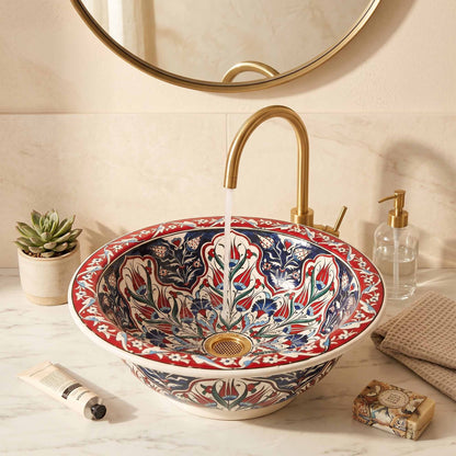 Crimson Tulip Heritage Ceramic Vessel Sink, Handpainted Bathroom Basin