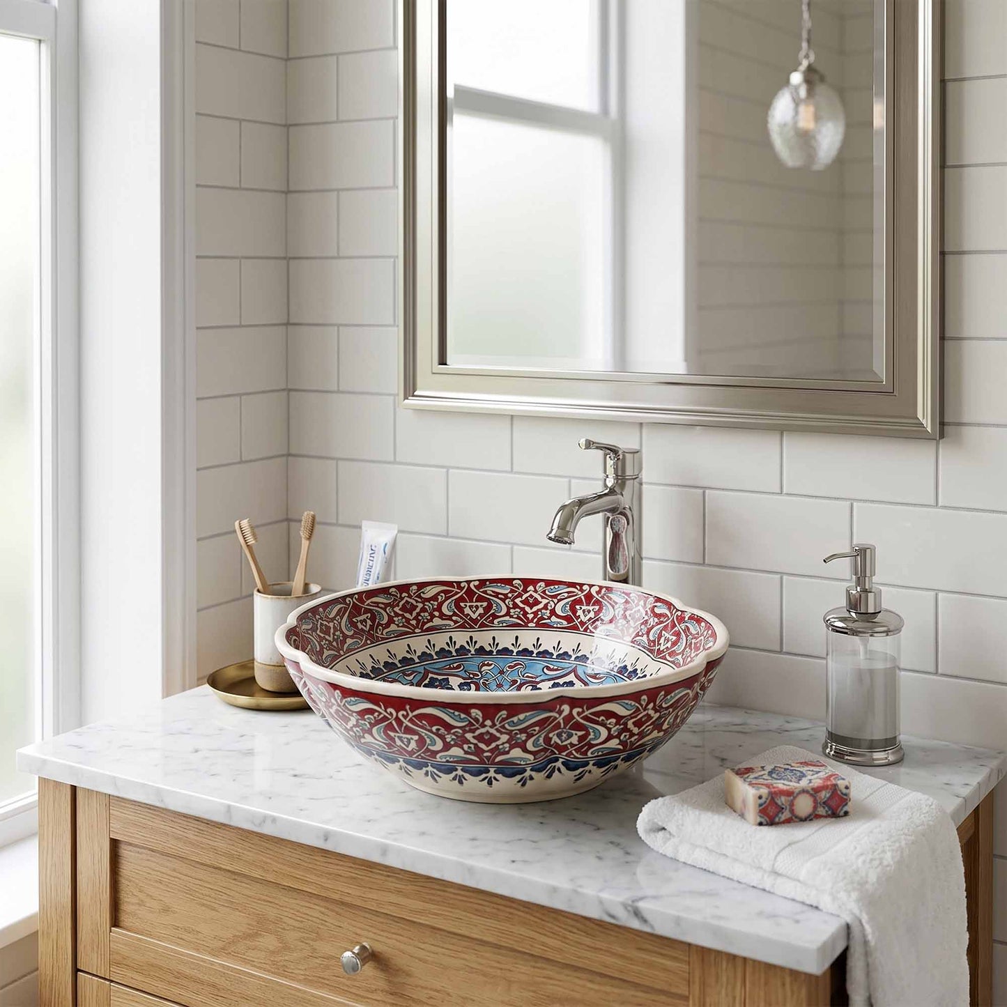 Ruby Mosaic Arabesque Ceramic Vessel Sink, Handpainted Bathroom Basin