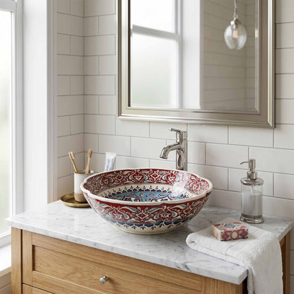 Ruby Mosaic Arabesque Ceramic Vessel Sink, Handpainted Bathroom Basin