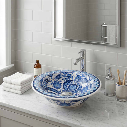 Moonlit Garden Ceramic Vessel Sink, Handpainted Bathroom Basin