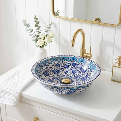 Azure Filigree Blossom Ceramic Vessel Sink, Handpainted Bathroom Basin