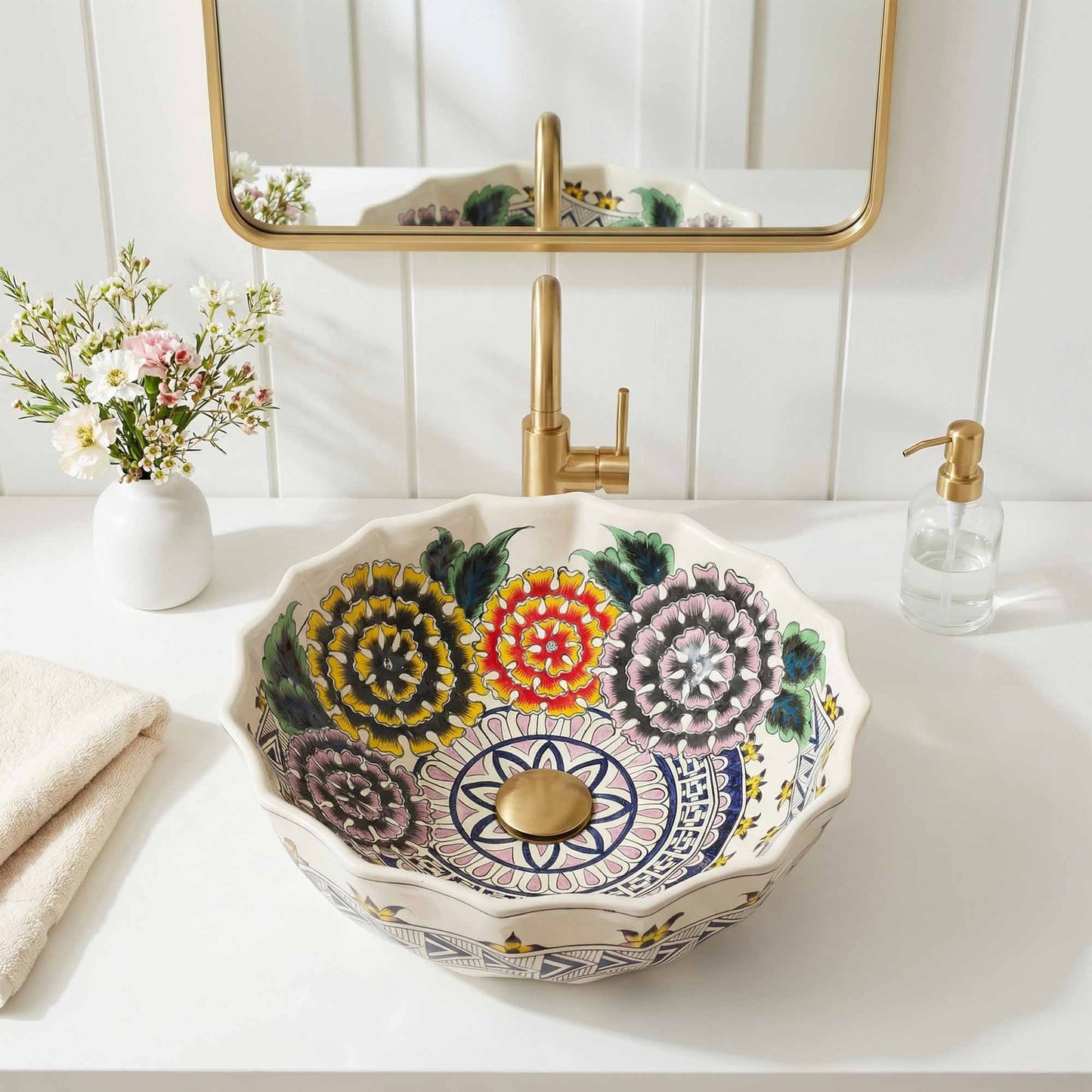 Wildflower Garden Ceramic Vessel Sink, Handpainted Floral Bathroom Basin