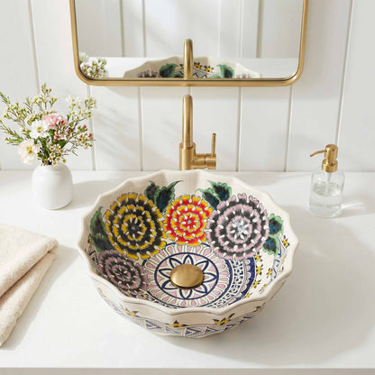 Wildflower Garden Ceramic Vessel Sink, Handpainted Floral Bathroom Basin