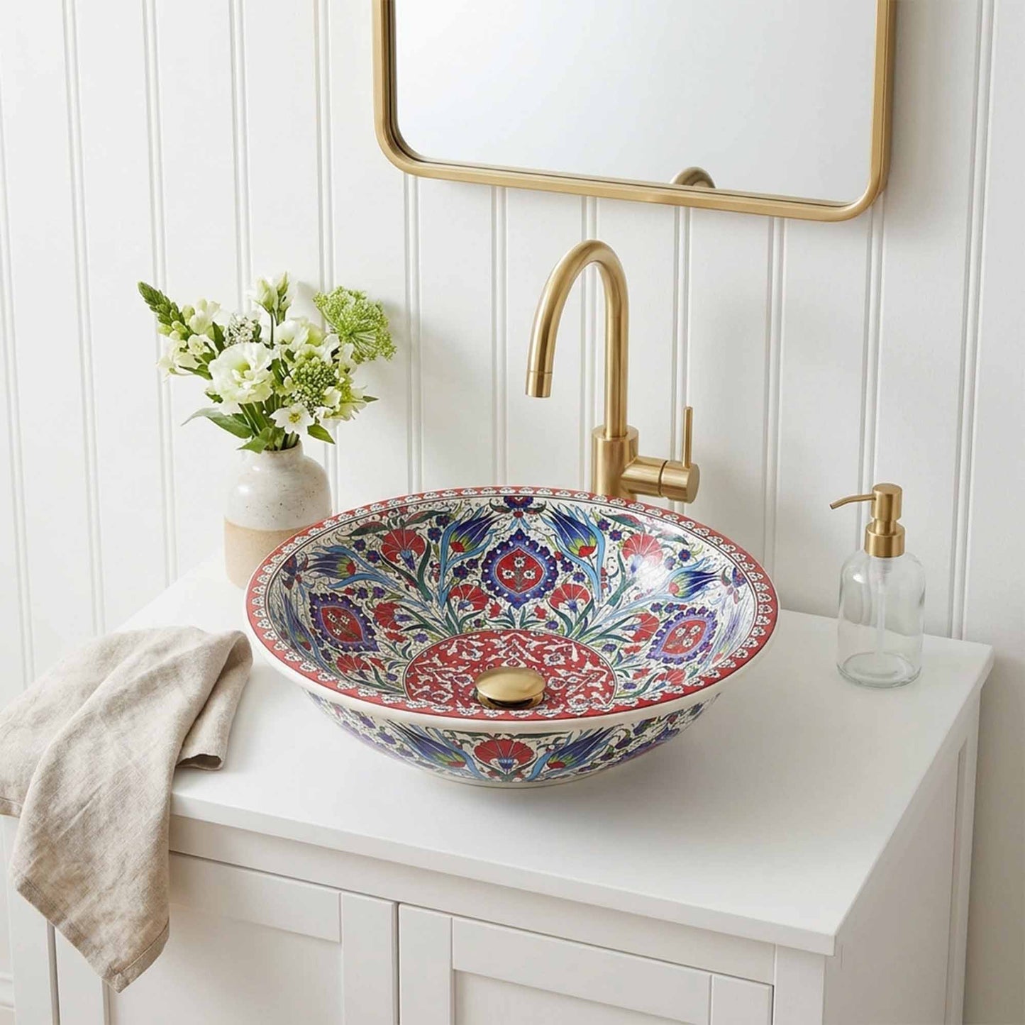 Ruby Garden Medallion Ceramic Vessel Sink, Handpainted Bathroom Basin